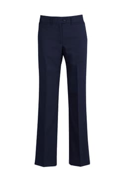 A pair of women's classic navy slacks with a straight leg design and a front button closure.