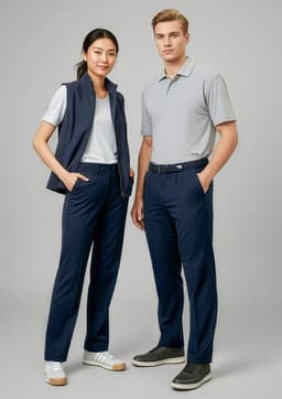 A pair of women's navy slacks displayed on a model, featuring a slim fit with a smooth finish.