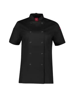 A short sleeve jacket in black, featuring double breasted buttons and a collar, with a logo on one sleeve.