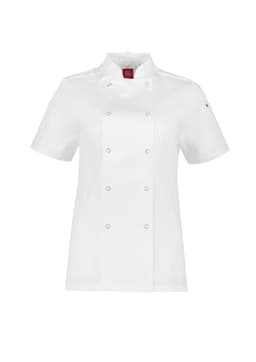 A white short sleeve chef jacket with a fitted design and a logo on the chest. Suitable for kitchen uniforms.