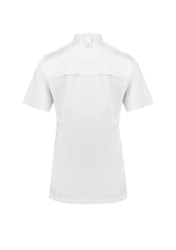 A white short sleeve jacket features a stand collar and a button closure, designed for women in chefwear.