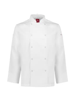A white long sleeve jacket with a high collar and double-breasted front, featuring a logo on the sleeve.