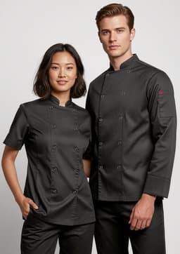 A short sleeve chef jacket in black, worn by a model and a model, featuring a logo on the sleeve.