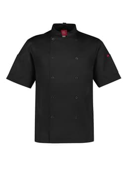 A black short sleeve chef jacket featuring a double-breasted design and one logo on the sleeve.
