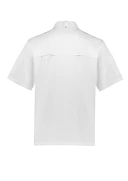 A short sleeve chef jacket in white, featuring a back view with a collar and side pockets. It has a logo.