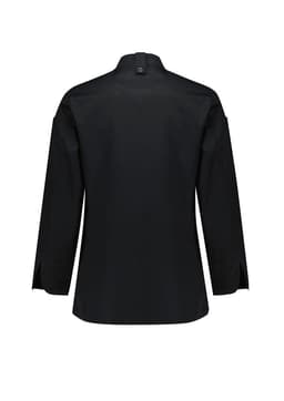 A black women's long sleeve chef jacket featuring a standard collar and a back button detail, with a logo present.