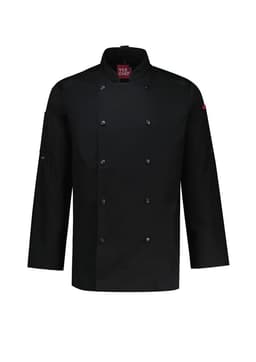 A black long sleeve chef jacket with a button-up front and a logo on the sleeve.