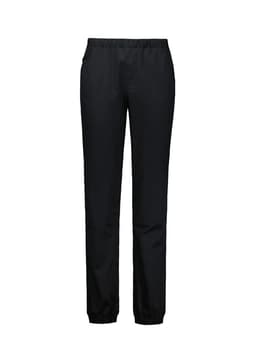 Black jogger pants with an elastic waistband and cuffs, designed for women's chefwear. Features a logo.