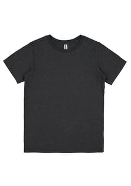 A dark grey short sleeve tee with a classic crew neck design and a logo on the label.