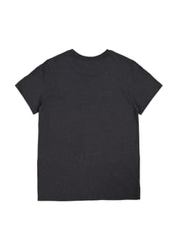 A dark grey women's short sleeve t-shirt featuring a plain back design and a logo.