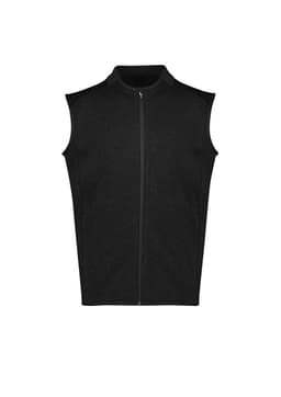 A black zip-front vest with no sleeves, featuring a smooth fabric texture and a subtle logo.
