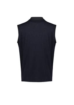 A black zip-front vest with a sleeveless design and a high collar. Features a logo on the back.