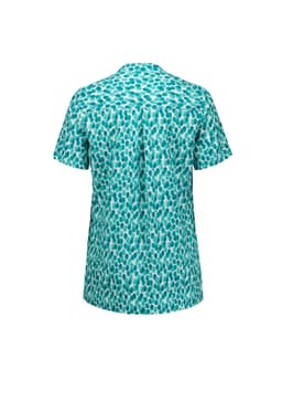 A short-sleeved tunic in aqua with a stardust print, featuring a back pleat and a branded logo.