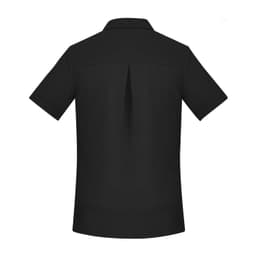 A black short sleeve shirt featuring a back pleat and a collar. It includes a logo on the front.