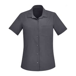 A grey short sleeve women's shirt with a collared neckline and a front pocket, featuring a logo.