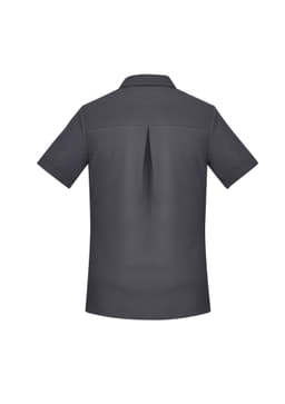 A plain short sleeve shirt in dark grey with a back pleat and collar, featuring a logo.