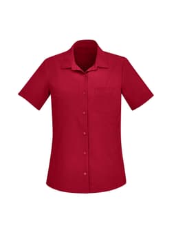 A red short sleeve shirt with a collar and a single chest pocket, featuring a logo.
