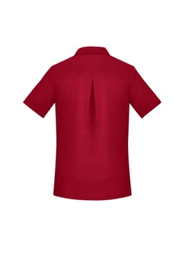 A red women's short sleeve shirt with a back pleat and a collar, featuring a logo.