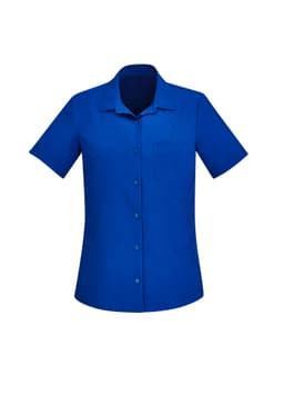 A blue short sleeve shirt with a collar and a front pocket, featuring a logo.