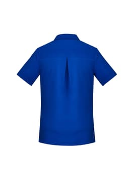 A short sleeve shirt in blue with a back vent and a collar, featuring a logo on the front.