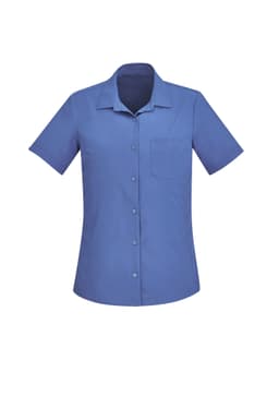 A blue short sleeve shirt with a collar and a single chest pocket, featuring a logo.