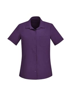 A plain short sleeve shirt in a rich purple colour, featuring a button-down front and a chest pocket.