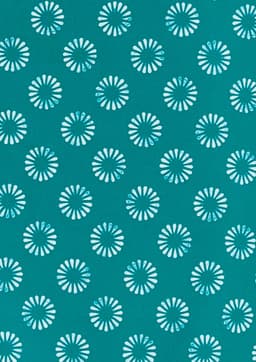 A teal fabric featuring a white daisy print pattern, with various floral designs evenly spaced throughout.