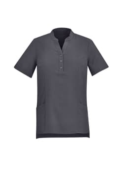 A dark grey women's tunic with a mandarin collar, short sleeves, and front pockets, featuring buttons and a logo.