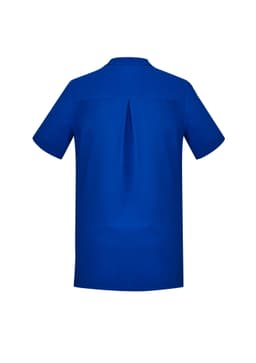 A blue women's tunic featuring a back pleat and short sleeves, with branding present.