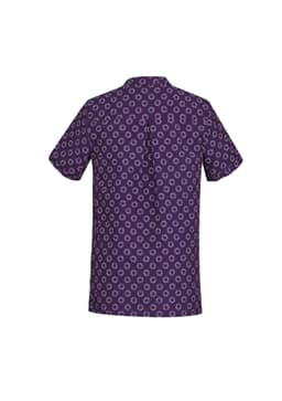 A purple tunic featuring a daisy print pattern, designed as a women's uniform option. It includes a logo.