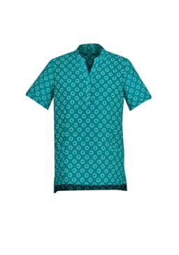 A women's tunic in teal with a white daisy print, featuring a short collar and short sleeves. It has a logo.