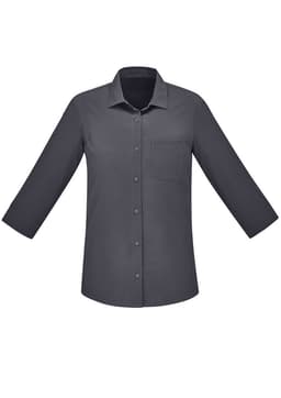 A women's button-up shirt in dark grey with 3/4 sleeves and a single chest pocket. It features a logo.