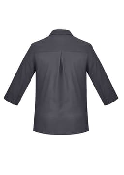A women's charcoal grey button-up shirt with 3/4 sleeves and a back pleat, featuring a collar.
