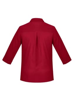 A red women's button-up shirt with 3/4 sleeves and a back pleat, featuring a collar and button cuffs.