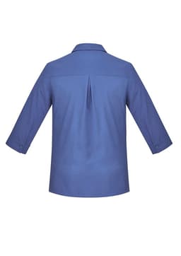 A blue women's button-up shirt with 3/4 sleeves and a back pleat, featuring a collar and cuffed sleeves.