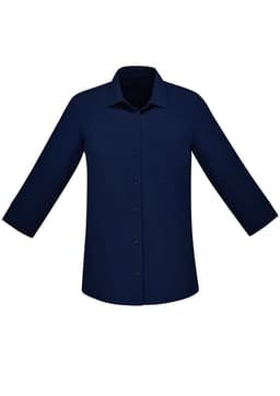 A navy blue women's button-up shirt with 3/4 sleeves and a chest pocket.