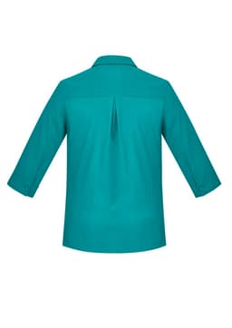 A teal women's button-up shirt featuring 3/4 sleeves and a back pleat detail. The shirt has a collar and button cuffs.