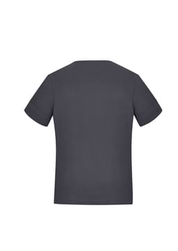 A grey women's short sleeve jersey top with a simple design and logo on the back.