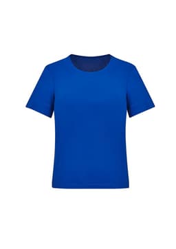 A bright blue women's short sleeve jersey top with a round neckline and short sleeves. Features a logo.