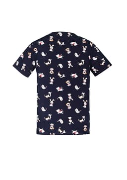 A navy scrub top featuring a whimsical print of animals and flowers, with a logo on the fabric.