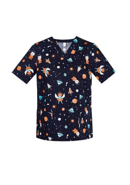 A navy scrub top featuring a space-themed print with planets, rockets, and astronauts. Includes branding.