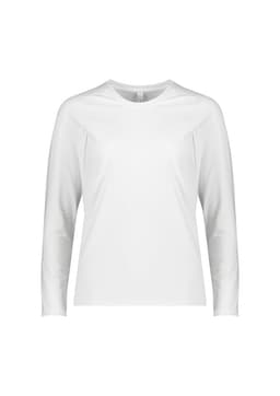 A white long sleeve women's performance tee with a simple design and a logo on the front.