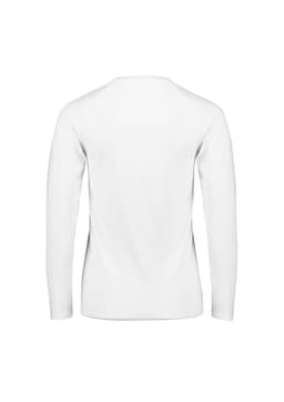A long sleeve tee in white, featuring a simple design and a logo on the back.