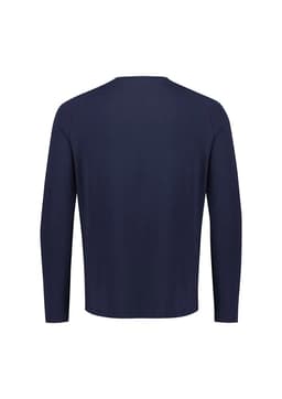 A navy long sleeve tee with a simple design and a branded logo on the back.