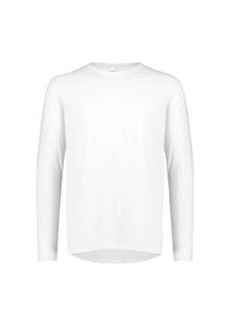 A white long sleeve t-shirt with a round neckline and a logo on the chest area.