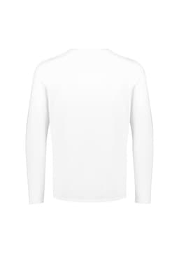 A white long sleeve men's performance tee, featuring a plain design and a branding logo.