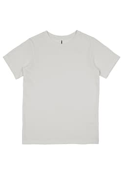 A plain white short-sleeve T-shirt featuring a tag and a simple design. It has no visible logos.