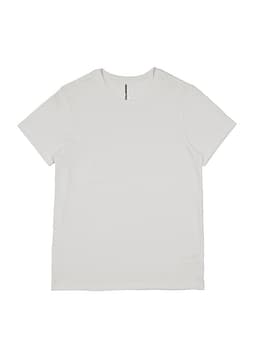 A white short sleeve women's t-shirt with a logo on the front. Simple and classic design.