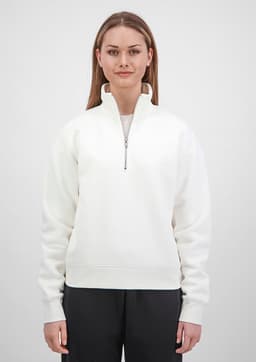 A white women's 1/4 zip sweatshirt with a high collar and ribbed cuffs, featuring a brand logo.