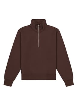 A brown 1/4 zip jumper featuring long sleeves and a high collar. It has a branding logo on it.
